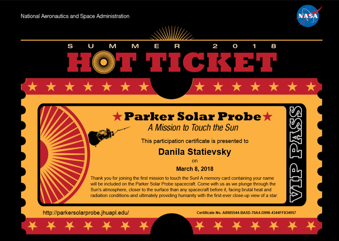 Summer 2018 HOT TICKET: NASA`s Parker Solar Probe Certificate